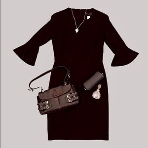 Black midi flare sleeve mid length little black dress high neck zip up